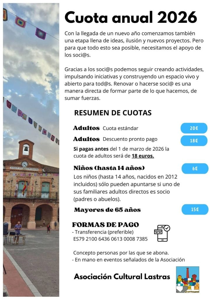 cuota anual asociacion cultural lastras 2026